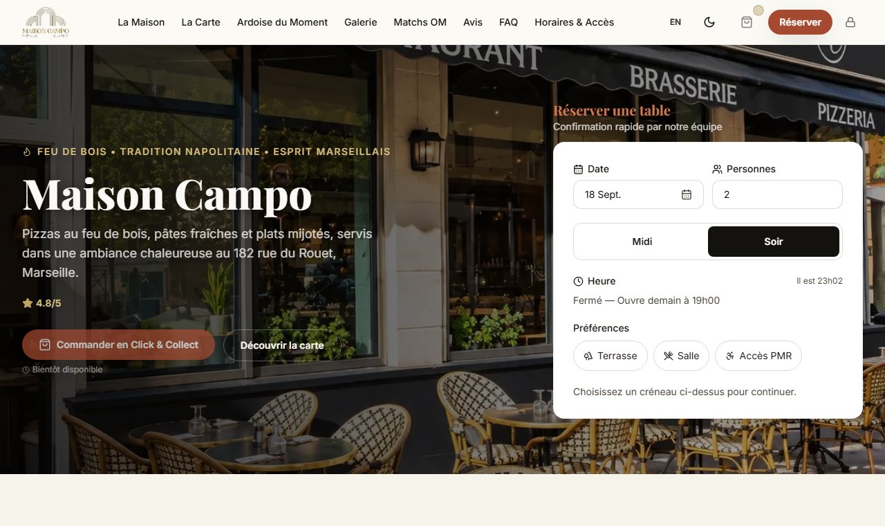 Page d'accueil du site maison-campo.fr, avec le formulaire de réservation en ligne